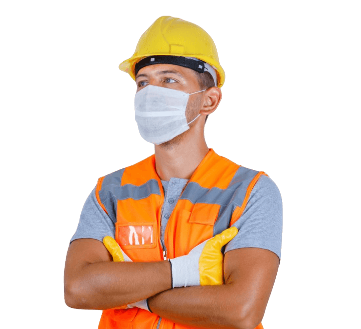 Professional roofing contractor wearing a yellow hard hat, safety vest, and protective mask